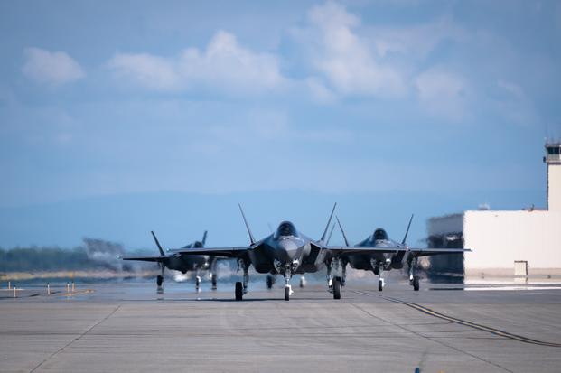 Multiple F-35A Lightning II aircraft assigned to the 354th Fighter Wing taxis on the runway during an Agile Combat Employment (ACE) exercise on Eielson Air Force Base, Alaska, July 15, 2021.