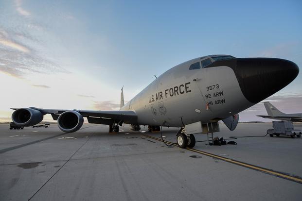 A U.S. Air Force KC-135 aircraft sits on the flight line at Fairchild Air Force Base, Washington, 29 Sept. 2021.