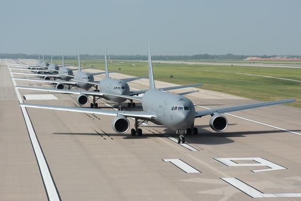 Seven KC-46A Pegasus perform an elephant walk July 1, 2020, at McConnell Air Force Base, Kansas.