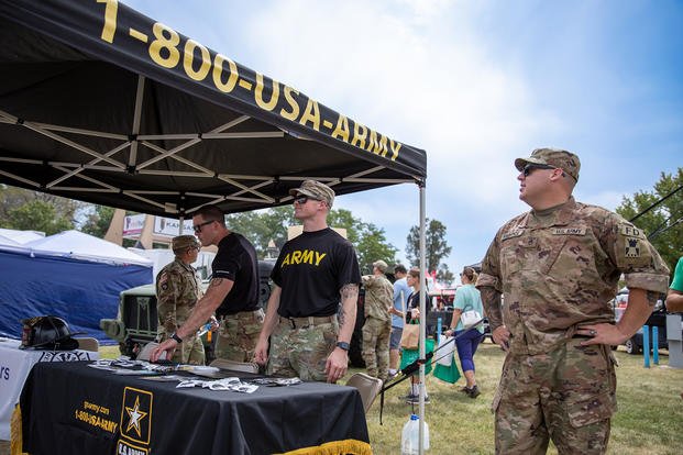 U.S. Army soldiers with the Wichita Recruiting Company hosted a recruitment booth at Hutchinson, Kansas, on Sept. 9, 2023. 