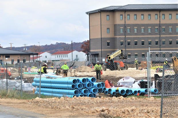 Contractors work in the 1600 block of the cantonment area at Fort McCoy, Wis., on Oct. 31, 2023, for a new construction project to build a $28.08 million barracks building. 