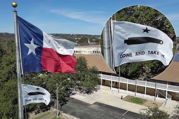 "Come and Take It" flag from the Texas Revolution flying at Camp Mabry in Austin. (Screenshot via X)