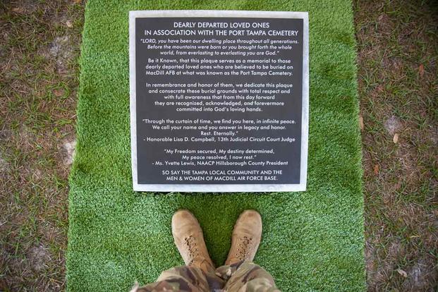 A memorial plaque at the Port Tampa Cemetery on MacDill Air Force Base