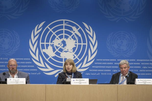press conference at the European headquarters of the United Nations in Geneva, Switzerland