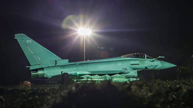 RAF Typhoon FGR4 aircraft returning to the base, following strikes against Houthi targets in Yemen