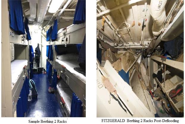 A comparison of a regular berthing rack (left) and the damaged rack on the USS Fitzgerald after flooding. (U.S. Navy photos)