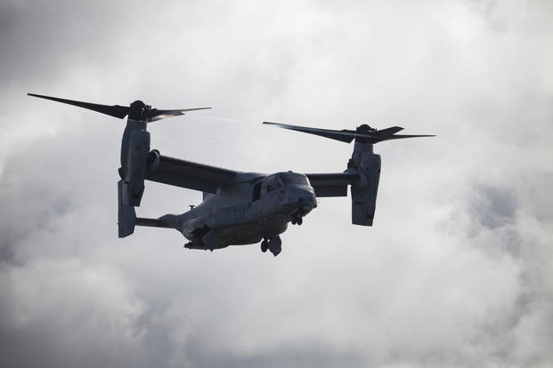 An MV-22 Osprey with Marine Medium Tiltrotor Squadron 268, lifts off prior to conducting a non-combatant evacuation operation (NEO) exercise aboard Marine Corps Air Station Kaneohe Bay, July 25, 2017. (U.S. Marine Corps photo/Cpl. Jesus Sepulveda Torres)