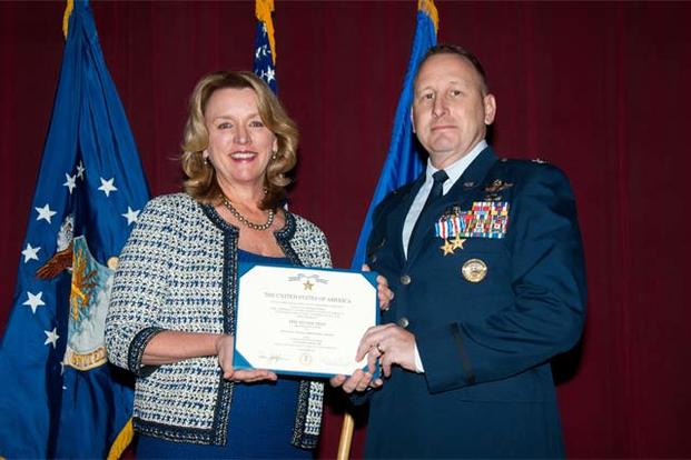Air Force Secretary Deborah Lee James presents Col. Christopher C. Barnett, an Air War College faculty member, the Silver Star and the Silver Star first oak leaf cluster Jan. 19, 2017. (US Air Force/Melanie Rodgers Cox)