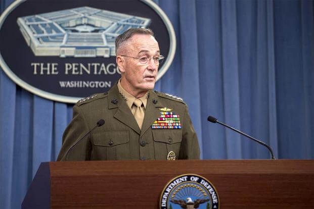 Marine Corps Gen. Joe Dunford, chairman of the Joint Chiefs of Staff, speaks with reporters about recent military operations in Niger Oct. 23, 2017, at the Pentagon. (DoD/Air Force Tech. Sgt. Brigitte N. Brantley)