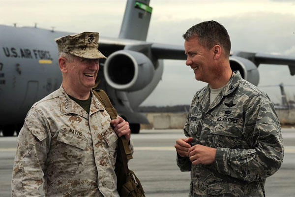 Marine Corps Gen. James Mattis with Air Force Col. James Jacobson, during an April 2012 visit to Kyrgyzstan, when Mattis led the U.S. Central Command. (Air Force photo/Angela Ruiz)