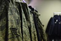 Airmen Uniforms hanging on a rack at Altus Air Force Base