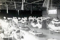 Soldiers fill a makeshift hospital at Camp Upton, Long Island, during the Spanish flu epidemic in 1918.