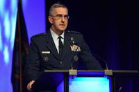 Gen. John E. Hyten, commander, U.S. Strategic Command talks integrated command relationships and the role of information and intelligence to the combatant commands during the 2018 Department of Defense Intelligence Information System Worldwide Conference August 13, 2018, in Omaha, Nebraska. (DoD photo/Brian Murphy)