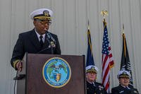 Cmdr. Randolph Chestang, reads his orders during a change of command ceremony in which he relieved Cmdr. Mark E. Postill as Commanding Officer of Coastal Riverine Squadron (CRS) 3 held onboard Naval Outlying Landing Field Imperial Beach Feb. 8, 2018. Chestang was relieved of command in February 2019. (Nelson Doromal/Navy)