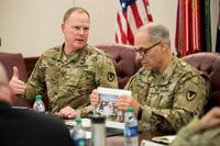 Maj. Gen. Duane Gamble, commanding general, U.S. Army Sustainment Command, leads a quarterly update meeting with Gen. Gus. Perna, commanding general, U.S. Army Materiel Command at Rock Island Arsenal, Illinois, Feb. 26, 2019. (Kevin Fleming/U.S. Army