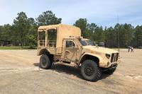 A Joint Light Tactical Vehicle (JLTV) with the troop seat kit installed during testing at Fort Stewart, Ga. 1st Armored Brigade Combat Team, 3rd Infantry Division Soldiers spent several days testing four new features to the JLTV. (U.S. Army/ Maj. Peter Bogart)