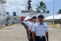 The crew of the Coast Guard Cutter Kimball (WMSL 756) brings the ship to life during a commissioning ceremony at Base Honolulu, Aug. 24, 2019. The dual ceremony was for the Kimball and Coast Guard Cutter Midgett (WMSL 757). (U.S. Coast Guard photo/Matthew West)