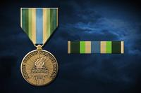 The Armed Forces Service Medal  has a green, blue and yellow ribbon and a bronze medal featuring a torch like that held by the Statue of Liberty. U.S. Air Force graphic by Staff Sgt. Alexx Pons