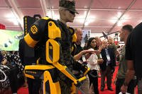 The Marine Corps could begin testing the Guardian XO robot exoskeleton as soon as next year. The system, which is made by Sarcos Robotics and was on display at the Modern Day Marine expo, could help artillery or logistics Marines who repeatedly lift heavy objects. (Gina Harkins/Military.com)