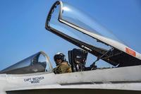 Lt. Andrew Jalali prepares for the official final active-duty flight of the last Navy F/A-18C Hornet assigned to Strike Fighter Squadron (VFA) 106 at Naval Air Station Oceana on Oct. 2, 2019. Aircraft number 300, assigned to VFA 106 at Cecil Field, Florida, completed it first Navy acceptance check flight Oct. 14, 1988. The aircraft has remained with the Gladiators for its entire 31 years of service. (U.S. Navy photo by Mass Communication Specialist 3rd Class Nikita Custer)