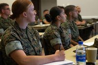 Marine Sgt. Courtney Jewel takes notes during the Staff Sergeant Transition Seminar at Marine Corps Air Station Cherry Point, North Carolina, September 24, 2019. (U.S. Marine Corps/Gavin Umboh)