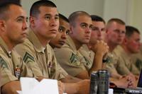 Noncommissioned officers with Headquarters Company, 5th Marine Regiment, attend a professional military education session as part of the regiment's emphasis on small-unit leaders at Camp Pendleton, California, on Sept. 20, 2013. Cpl. Timothy Lenzo/Marine Corps photo