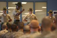 A drill instructor speaks with his recruits for the first time Oct. 26, 2013, on Parris Island
