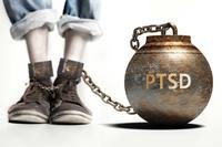 Ball and chain around ankle symbolizing PTSD holding someone back