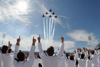 Blue Angels perform fly-over at Naval Academy graduation.