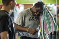 An Army reservist gets done with a workout.