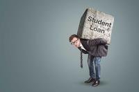 Man with large block on back labeled &quot;Student Loan&quot; signifying onus of debt