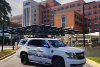 VA Police cruiser in front of a VA medical center.