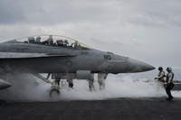 F/A-18F Super Hornet fighter jet takes off from the aircraft carrier U.S.S. Dwight D. Eisenhower