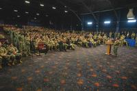 Chief of Naval Operations Adm. Lisa Franchetti speaks at an all-hands