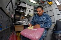 Logistics Specialist 3rd Class David Terrones of Fresno, Calif., conducts a depot level repairable inventory aboard the Los Angeles-class attack submarine USS Helena (SSN 725). (U.S. Navy / Todd A. Schaffer)